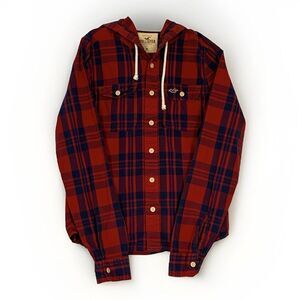 Hollister Hooded Shirt Mens Medium Red Blue 100% Cotton Button Front Long Sleeve